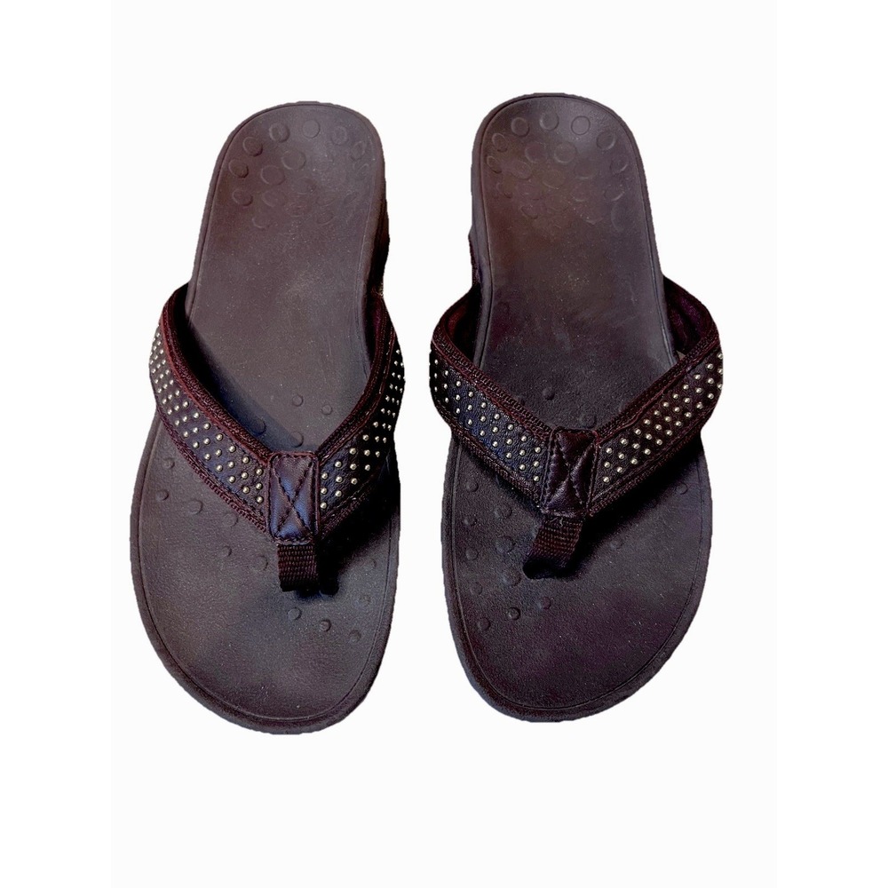 Vionic Pacific Kehoe Burgundy Leather Sandals Studded Wedge Flip Flops Sz 8